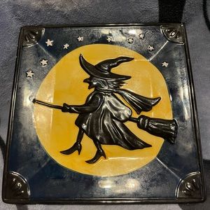 Ceramic Halloween plate or plaque witch in front of moon